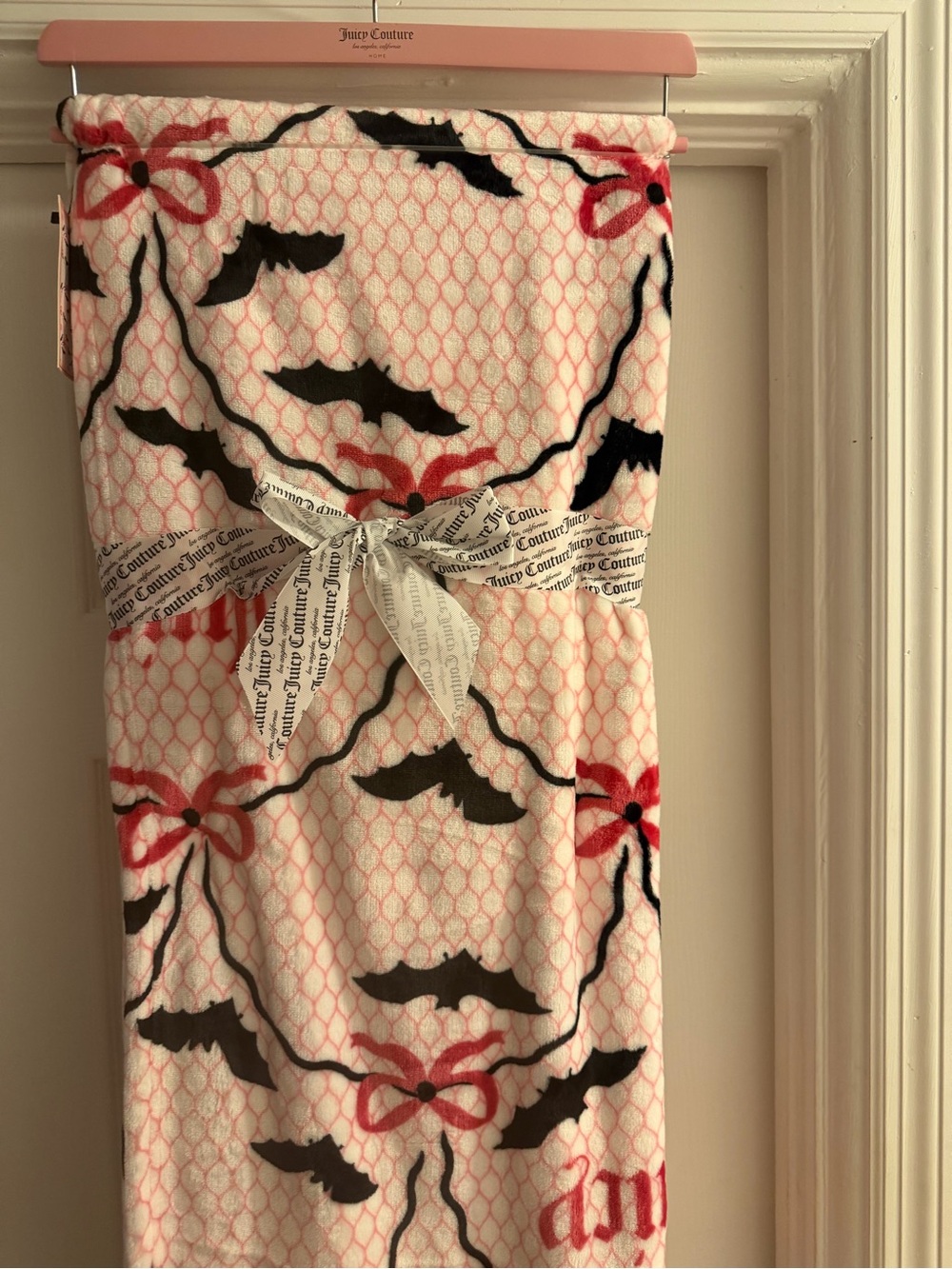Juicy Couture Pink Bow & Black Bat Print Throw with Branded Ribbon